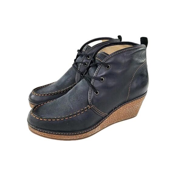 Olukai Wali Wedge Leather Ankle Boots US 7 Womens Black Moc Toe Lace-Up Booties - Picture 1 of 10